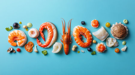 A stunning arrangement of fresh seafood, featuring vibrant shrimp, lobster, and assorted shellfish on a bright blue background, ideal for culinary promotions and restaurant showcases.の素材