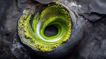 Stunning close-up of a circular dish featuring a vibrant green sauce, beautifully presented on a dark plate, ideal for showcasing culinary artistry and gourmet dishes.の素材