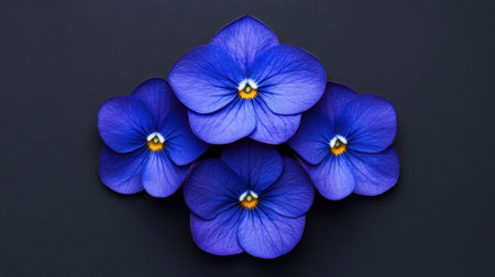 Stunning display of four vibrant blue flowers against a dark background, highlighting their intricate petal details and bringing a touch of natural beauty to any design project.の素材