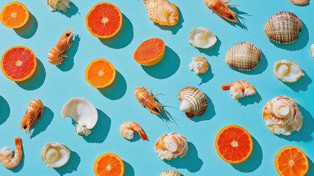 A vibrant composition featuring fresh seafood and citrus fruits, showcasing colors and textures ideal for food photography, culinary displays, and healthy eating concepts.の素材