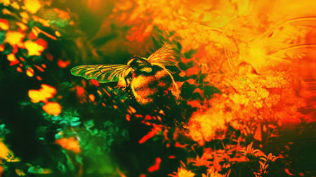 A stunning close-up of a bee expertly captured while hovering among vibrant flowers, creating an enchanting display of colors and textures in a serene garden environment.の素材