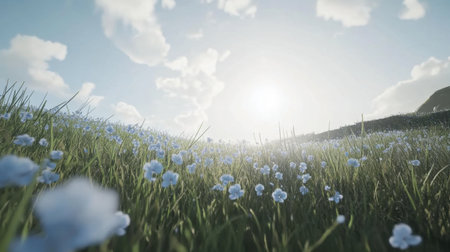 A breathtaking view of a serene meadow filled with delicate blue flowers, basking in the warm sunlight under a vast, clear sky, evoking feelings of tranquility and natural beauty.の素材