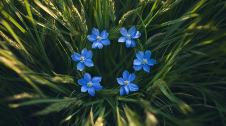 This captivating image depicts a circle of delicate blue flowers set against a backdrop of vibrant green grass, creating a serene and tranquil outdoor scene perfect for nature lovers.の素材