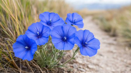 A cluster of stunning blue flowers emerges alongside a dusty path, surrounded by green grass and set against a picturesque landscape under a calm sky.の素材
