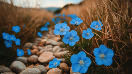 A picturesque scene featuring vibrant blue flowers blooming along a stone pathway, surrounded by tall grass and viewed under a softly lit sky, creating a serene natural atmosphere.の素材