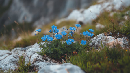 A stunning display of vibrant blue flowers emerging from rocky terrain, highlighting the beauty of nature and the resilience of wild flora in a mountainous landscape.の素材