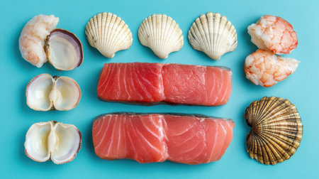 A stunning arrangement of fresh seafood featuring salmon slices, shrimp, and scallops on a vibrant blue background, perfect for food lovers and culinary professionals looking to capture marine delicacies.の素材