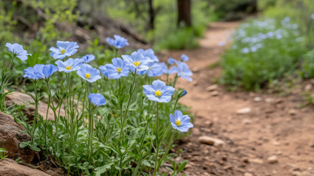 A serene pathway adorned with beautiful blue flowers invites nature lovers to explore the lush greenery and enjoy a refreshing outdoor experience in a tranquil environment.の素材