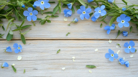 A beautiful arrangement of delicate blue flowers and green leaves on a rustic wooden table, capturing the essence of nature's beauty and tranquility for various creative uses.の素材