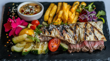 A beautifully arranged grilled steak platter showcasing a mix of vibrant vegetables, crispy French fries, and elegant garnishes on a slate board, ideal for food lovers.の素材