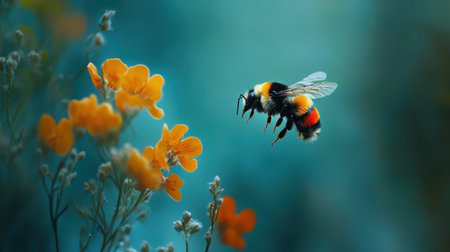 A striking image of a bumblebee in graceful flight near vibrant yellow wildflowers, set against a soft blue backdrop, highlighting the beauty of nature's pollination process.の素材