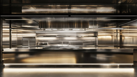 Experience the allure of a modern kitchen with sleek steel surfaces and elegant fixtures designed for culinary professionals, providing a perfect space for cooking and creativity.の素材