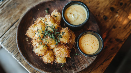 A visually enticing platter featuring crispy fried snacks paired with rich dipping sauces. Ideal for culinary enthusiasts and gastronomy lovers, this dish showcases appealing textures and flavors.の素材