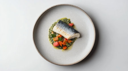 A stunning presentation of grilled fish fillet on a vibrant green sauce, complemented by fresh diced vegetables, ideal for high-end culinary photography and restaurant menus.の素材