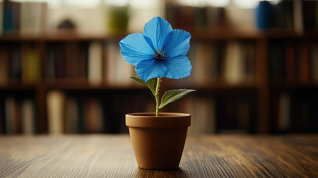 A vibrant blue flower in a terracotta pot sits on a wooden table, surrounded by a library of books, creating a serene and inviting indoor atmosphere.の素材