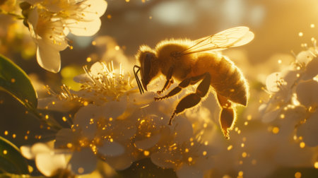 A stunning close-up capture of a honey bee diligently pollinating blossoms bathed in golden light, highlighting the beauty of nature and the importance of pollinators.の素材