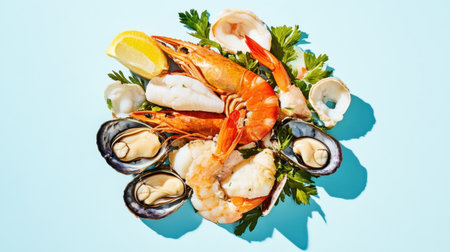 A vibrant seafood platter featuring an assortment of fresh shrimp, oysters, and clams garnished with lemon, perfect for culinary presentations and gourmet displays.の素材
