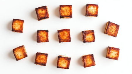 A visually appealing arrangement of crispy golden cubes of fried tofu, perfect for enhancing healthy recipes or as a delicious snack option.の素材