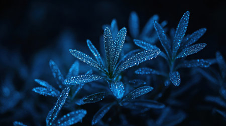 A stunning close-up image of dewy leaves against a dark blue backdrop, showcasing the beauty of nature and the tranquility that dew brings to the early morning ambiance.の素材
