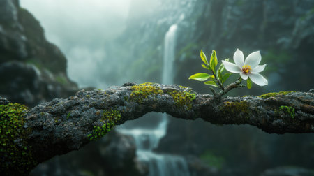 A single white flower grows on a moss-covered branch, showcasing resilience amid lush greenery and a captivating waterfall in the foggy forest. A perfect nature scene.の素材