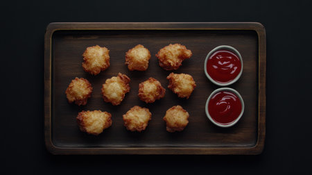 Delight in these golden fried bites served on a rustic wooden platter, accompanied by two bowls of vibrant ketchup, ideal for any gathering or meal occasion.の素材