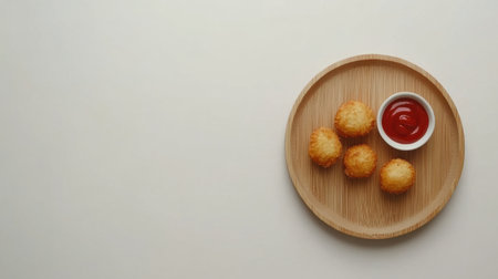 Enjoy a delightful presentation of crispy fried snacks on a bamboo plate, complemented by a small bowl of ketchup, perfect for gatherings or a tasty treat.の素材