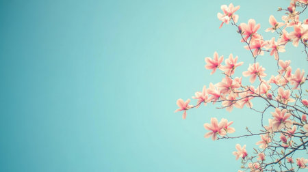 Experience the charm of delicate pink magnolia blossoms framing a serene blue sky, invoking feelings of peacefulness and the beauty of nature in springtime.の素材