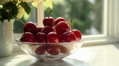 A vibrant display of fresh red cherries in a clear glass bowl sits by a sunny window, capturing the essence of summer with its bright and inviting atmosphere.の素材