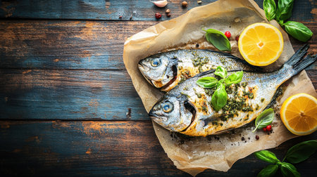 A beautifully arranged whole fish garnished with fresh herbs and lemon slices on parchment paper, set against a rustic wooden background, perfect for food photography and healthy meal ideas.の素材