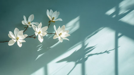 A beautiful branch of white flowers rests against a soft blue wall, casting delicate shadows that create a serene atmosphere, ideal for nature-inspired decor and artistic projects.の素材