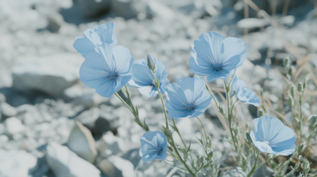 A cluster of delicate blue flowers flourishes against a backdrop of rocky terrain, capturing the essence of nature's beauty and tranquility in soft sunlight.の素材