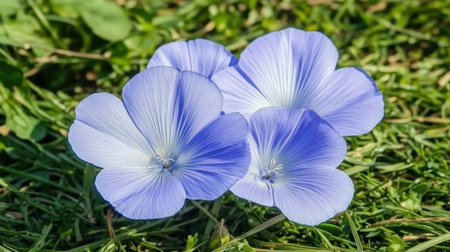 An enchanting close-up of delicate blue flowers nestled in lush green grass, enhanced by natural sunlight, perfect for capturing the essence of spring and summer.の素材