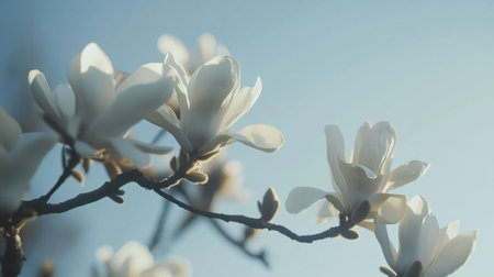 Explore the serene beauty of white magnolia blossoms illuminated by soft natural light against a clear blue sky, symbolizing the renewal and tranquility of spring.の素材