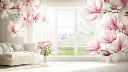 Bright and elegant living room featuring a soft white sofa adorned with blooming magnolia flowers, creating a serene and inviting atmosphere filled with natural light.の素材