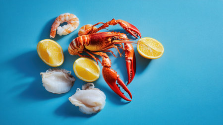 A vibrant arrangement featuring fresh seafood including lobster, shrimp, and oysters, complemented by juicy lemon halves, ideal for culinary presentations and gourmet recipes.の素材