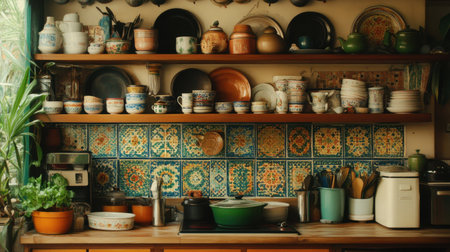 A cozy kitchen interior featuring colorful shelves filled with an array of dishes, utensils, and decorative items, creating a warm and inviting atmosphere perfect for cooking and gathering.の素材