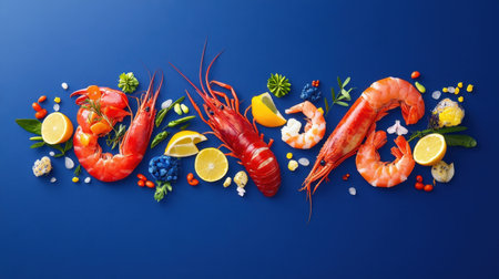 This captivating image showcases a colorful selection of fresh seafood, including prawns and lobster, paired with vibrant ingredients like lemons and berries to inspire culinary creations.の素材