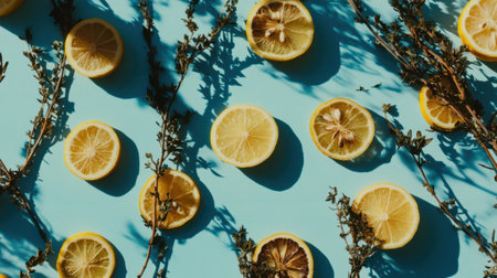 A bright arrangement featuring fresh lemon slices and herbs against a soft blue backdrop, ideal for inspiring summer vibes and culinary creativity in photography and designs.の素材