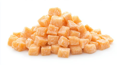 A bright and inviting close-up of a pile of orange cubes of sweet confectionery, emphasizing their texture and color against a clean white background, perfect for food-themed projects.の素材