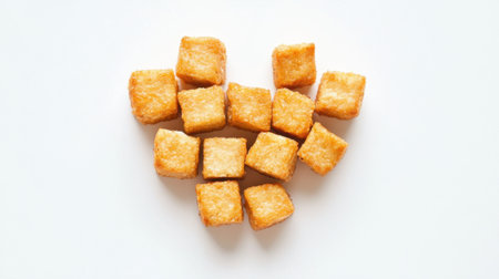 A creative arrangement of crispy golden brown tofu cubes shaped into a heart on a clean white background, illustrating a passion for healthy and nutritious eating.の素材