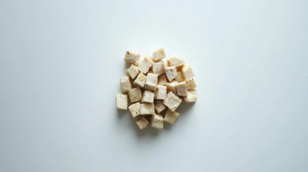 Neatly cut tofu cubes arranged on a clean background, perfect for illustrating plant-based cooking options and healthy meal preparation ideas.の素材