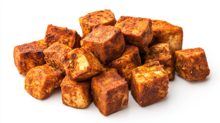 Flavorful seasoned tofu cubes ready to elevate any dish. Perfect for plant-based recipes, these cubes offer a delicious source of protein and vibrant flavors.の素材