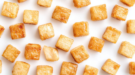 A captivating overhead view of golden and crunchy fried tofu cubes arranged neatly on a white background, perfect for showcasing healthy eating and culinary creativity.の素材