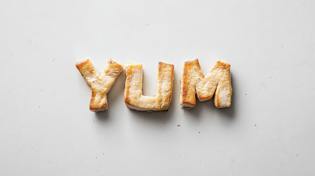 An artistic arrangement of crispy pastry letters spelling "YUM," ideal for food-related projects, blogs, or advertisements focusing on delicious culinary delights.の素材