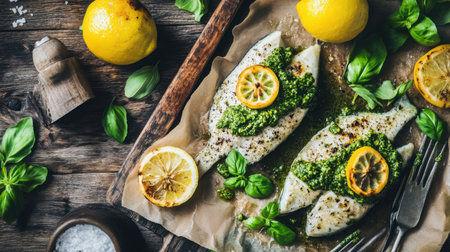 A beautifully presented dish of grilled fish topped with fresh basil pesto and lemon on a rustic wooden table, perfect for culinary enthusiasts seeking healthy Mediterranean flavors.の素材