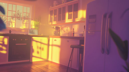 A modern kitchen illuminated by warm sunset light, featuring sleek appliances and a wooden floor, creating an inviting ambiance for culinary creativity and home decor inspiration.の素材