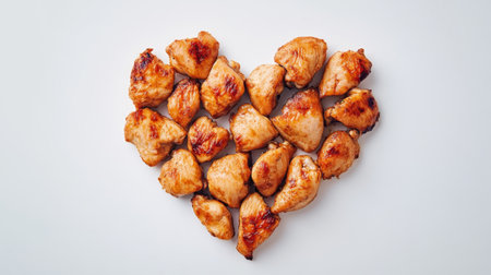 This image showcases a heart-shaped arrangement of tender grilled chicken pieces, symbolizing love for food. Perfect for culinary inspirations and food-related projects.の素材