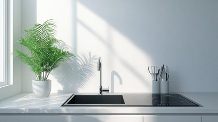 Bright and modern kitchen scene with a black sink, stainless steel faucet, and a lush green plant creating a serene atmosphere with beautiful shadows.の素材