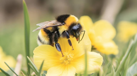 A stunning close-up image of a bumblebee delicately pollinating a yellow flower, showcasing the beauty of nature and the crucial role of insects in our ecosystem.の素材