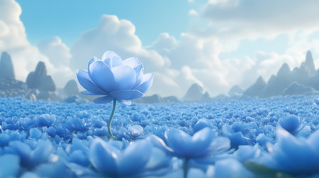 A tranquil scene showcasing a single blue lotus flower surrounded by a vast field of blue blooms, majestic mountains in the background, and soft, fluffy clouds.の素材